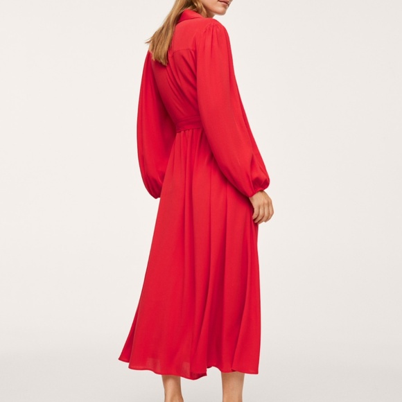 Red Pleated Button Down Shirt Midi Dress - Picture 3 of 7